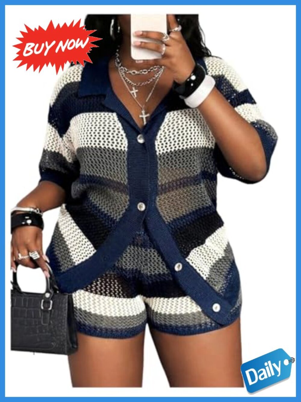 Plus Size Crochet Shorts Set Striped Button Down Shirt 2 Piece Outfit